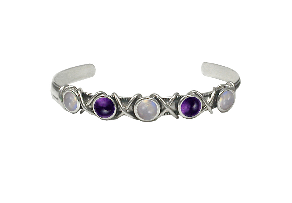 Sterling Silver Cuff Bracelet With Rainbow Moonstone And Amethyst